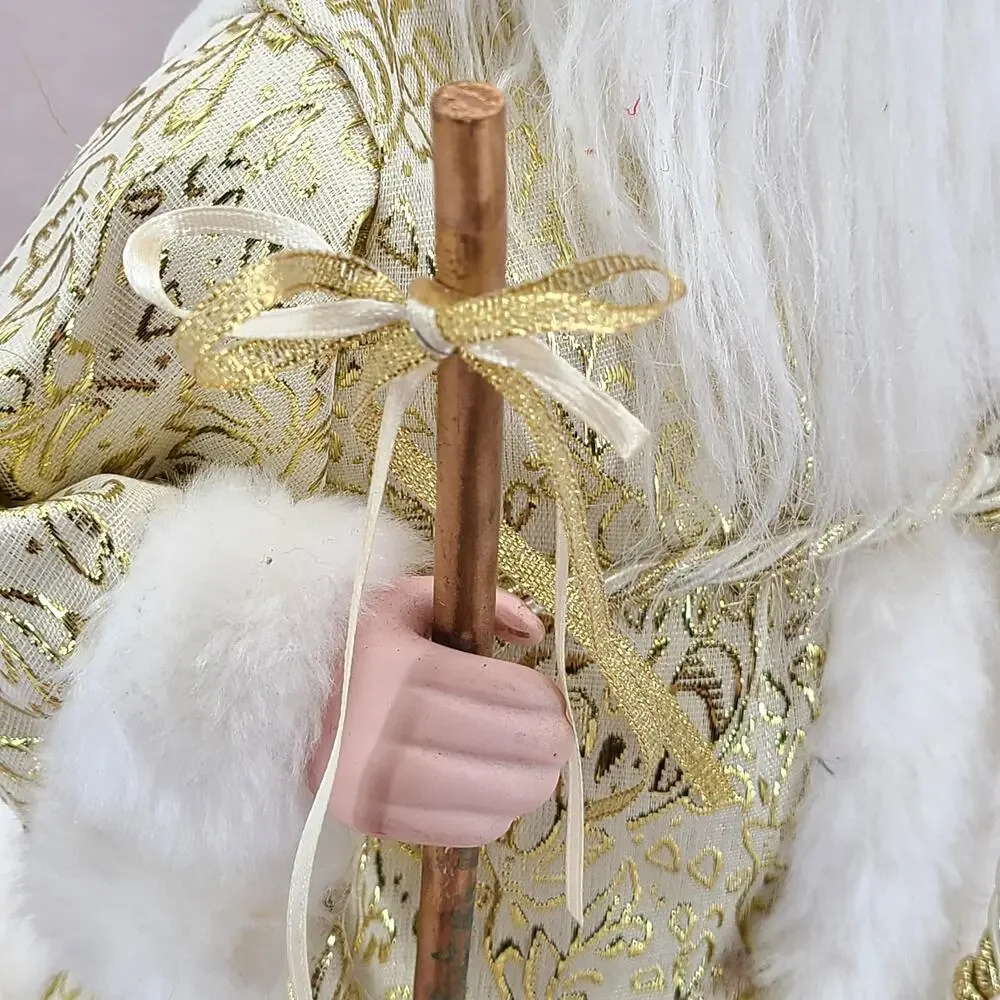 Vintage Santa Claus Figurine - White Gold With Staff, Faux Fur Trim - 18